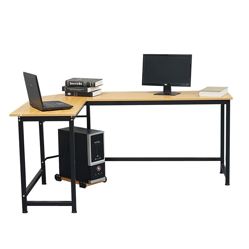 Desk with two-monitor setup and CPU tower